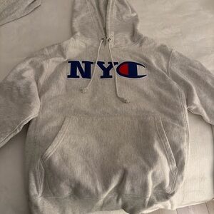 Champion Light Gray Hoodie with NYC Graphic
